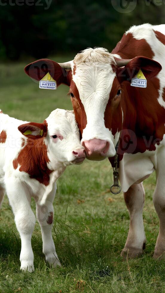 AI generated Portuguese calf nuzzles affectionately under mother cows watchful gaze Vertical Mobile Wallpaper photo