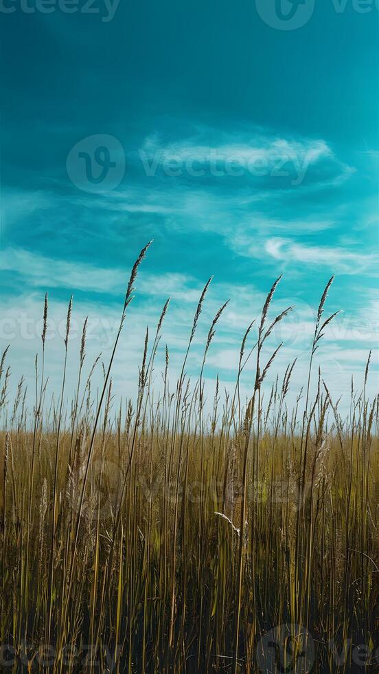 AI generated Grass field under blue sky creates idyllic natural backdrop Vertical Mobile Wallpaper photo