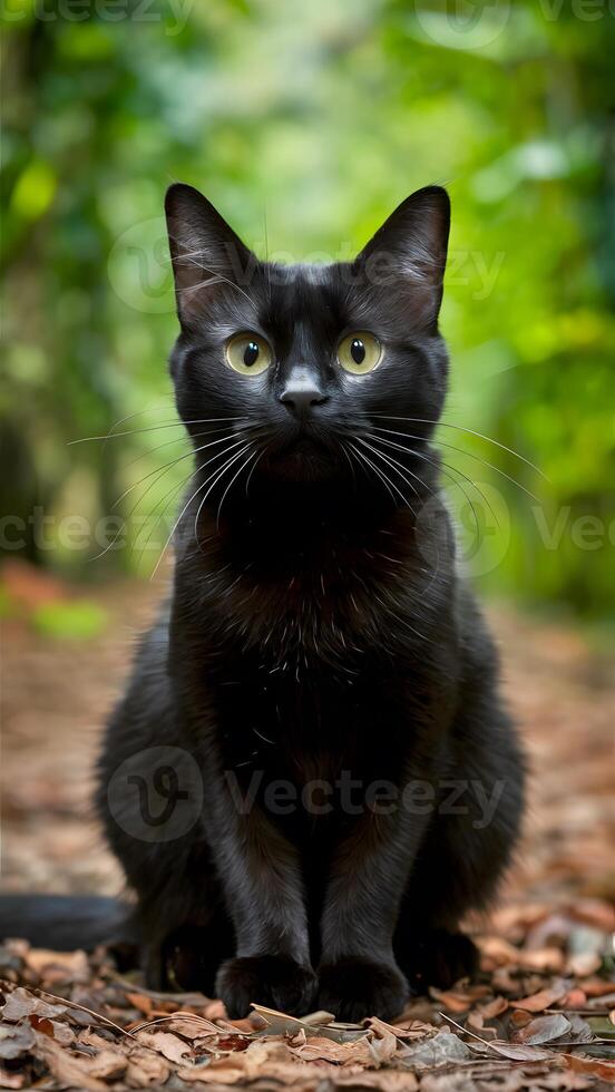 AI generated Cute black cat strikes a charming pose, capturing hearts Vertical Mobile Wallpaper photo