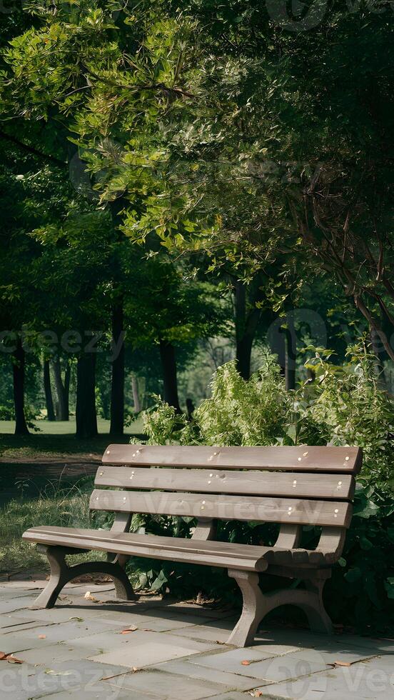 AI generated Empty wooden bench invites relaxation in summer park setting Vertical Mobile Wallpaper photo