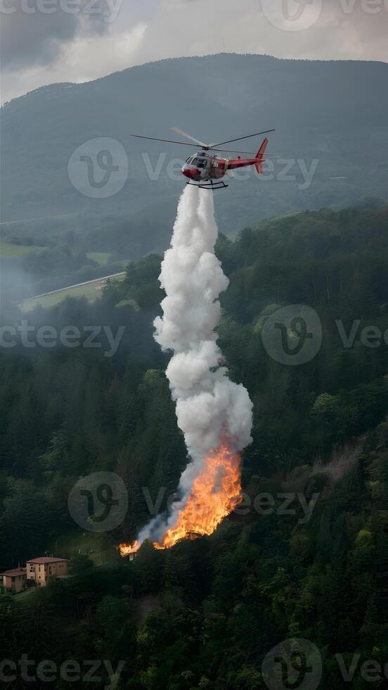 ai generado helicóptero SIDA lucha contra incendios esfuerzos en Bérgamo, Italia vertical móvil fondo de pantalla foto