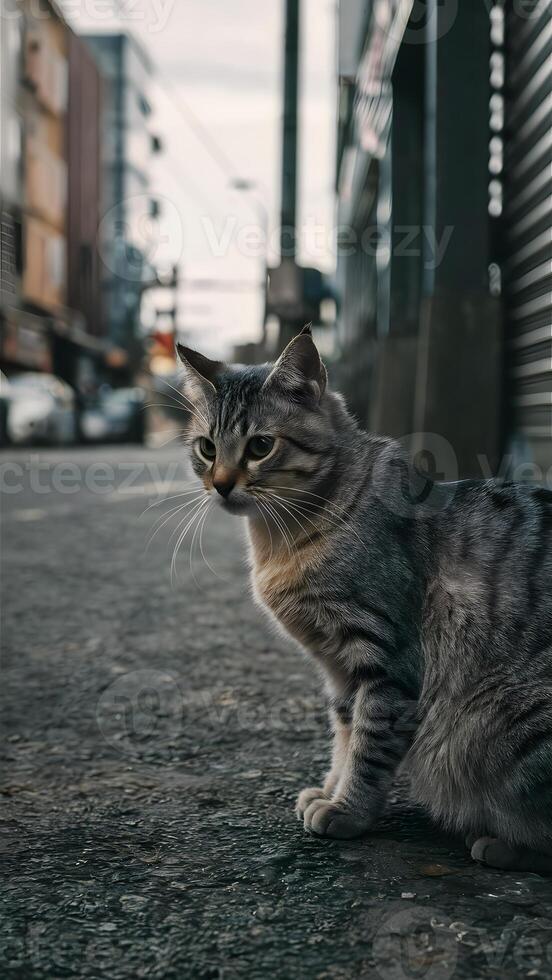 ai generado gris calle gato observa alrededores en al aire libre urbano ajuste vertical móvil fondo de pantalla foto