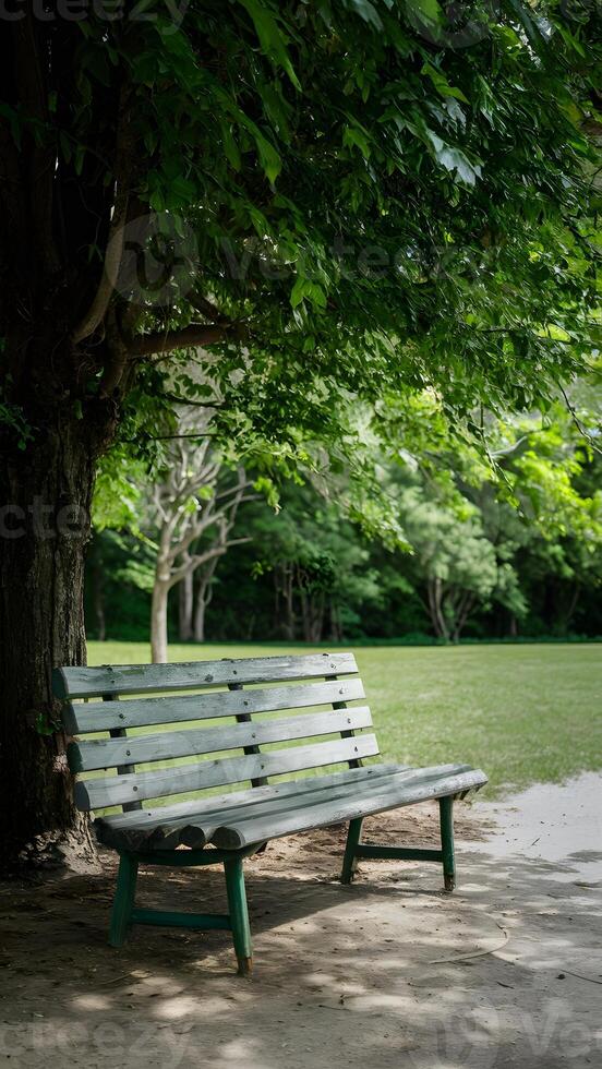 AI generated Empty wooden bench invites relaxation in summer park setting Vertical Mobile Wallpaper photo