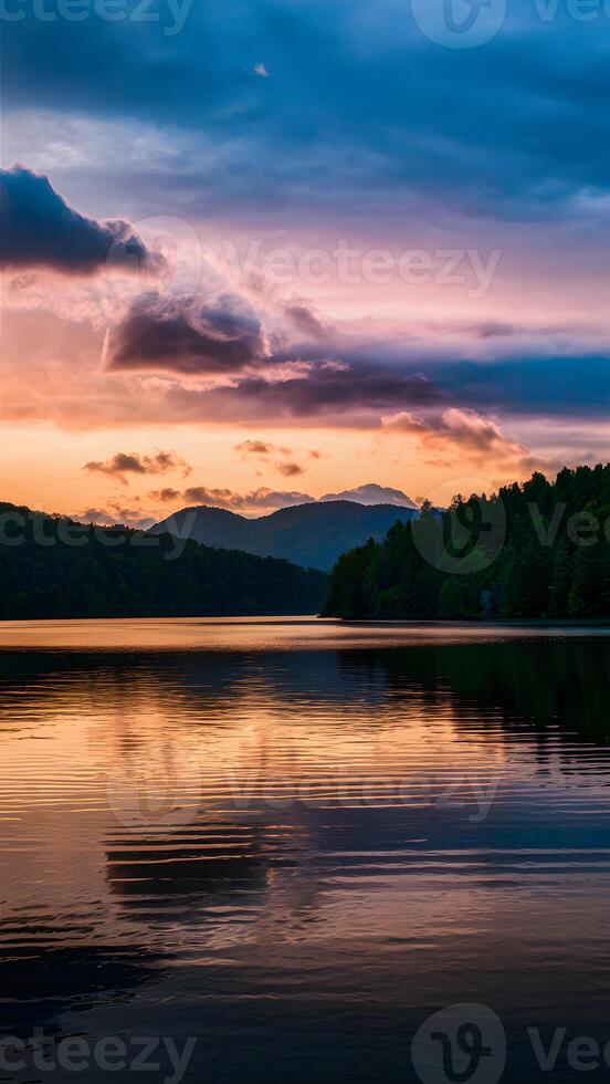 AI generated Sunset sunrise summer landscape with colorful clouds over lake Vertical Mobile Wallpaper photo