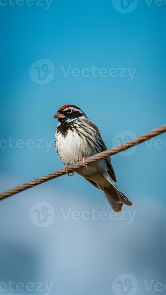 AI generated Sparrow perches on electric cable against blue sky backdrop Vertical Mobile Wallpaper photo