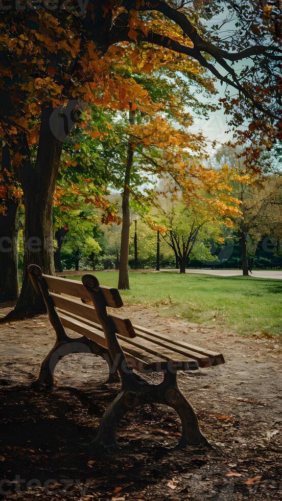 AI generated Brown wooden bench in park on sunny day Vertical Mobile Wallpaper photo