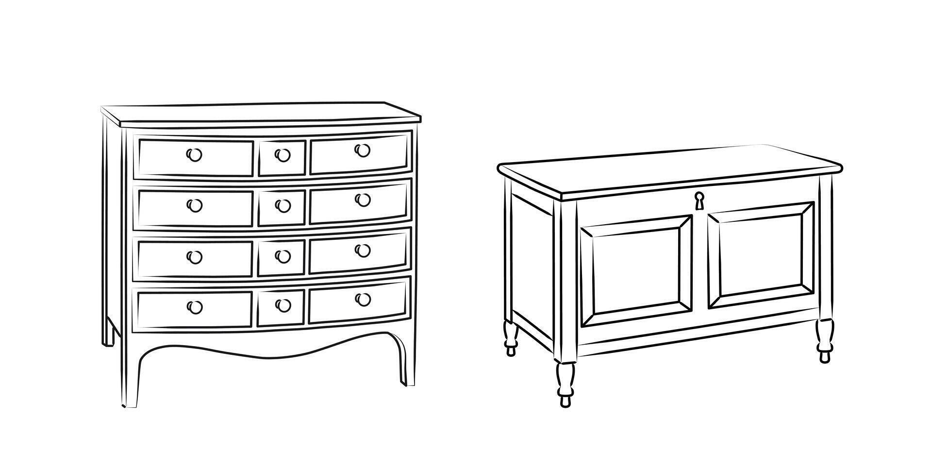 Line sketch set of a chest of drawers, dresser. Design piece of furniture for storage. Isolated vector