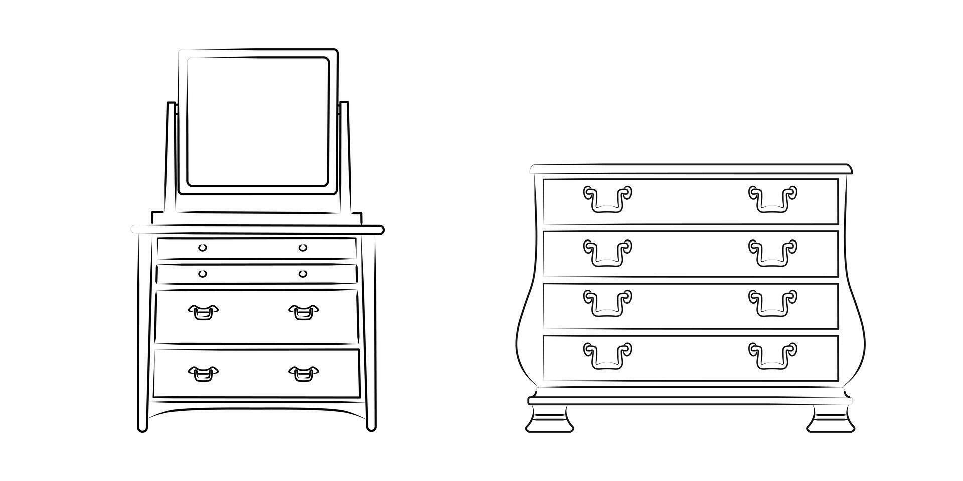 Line sketch set of a chest of drawers, dresser. Design piece of furniture for storage. Isolated vector