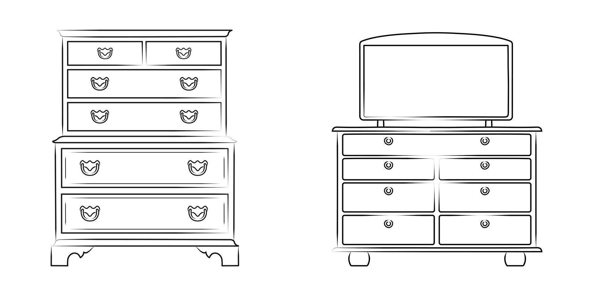 Line sketch set of a chest of drawers, dresser. Design piece of furniture for storage. Isolated vector