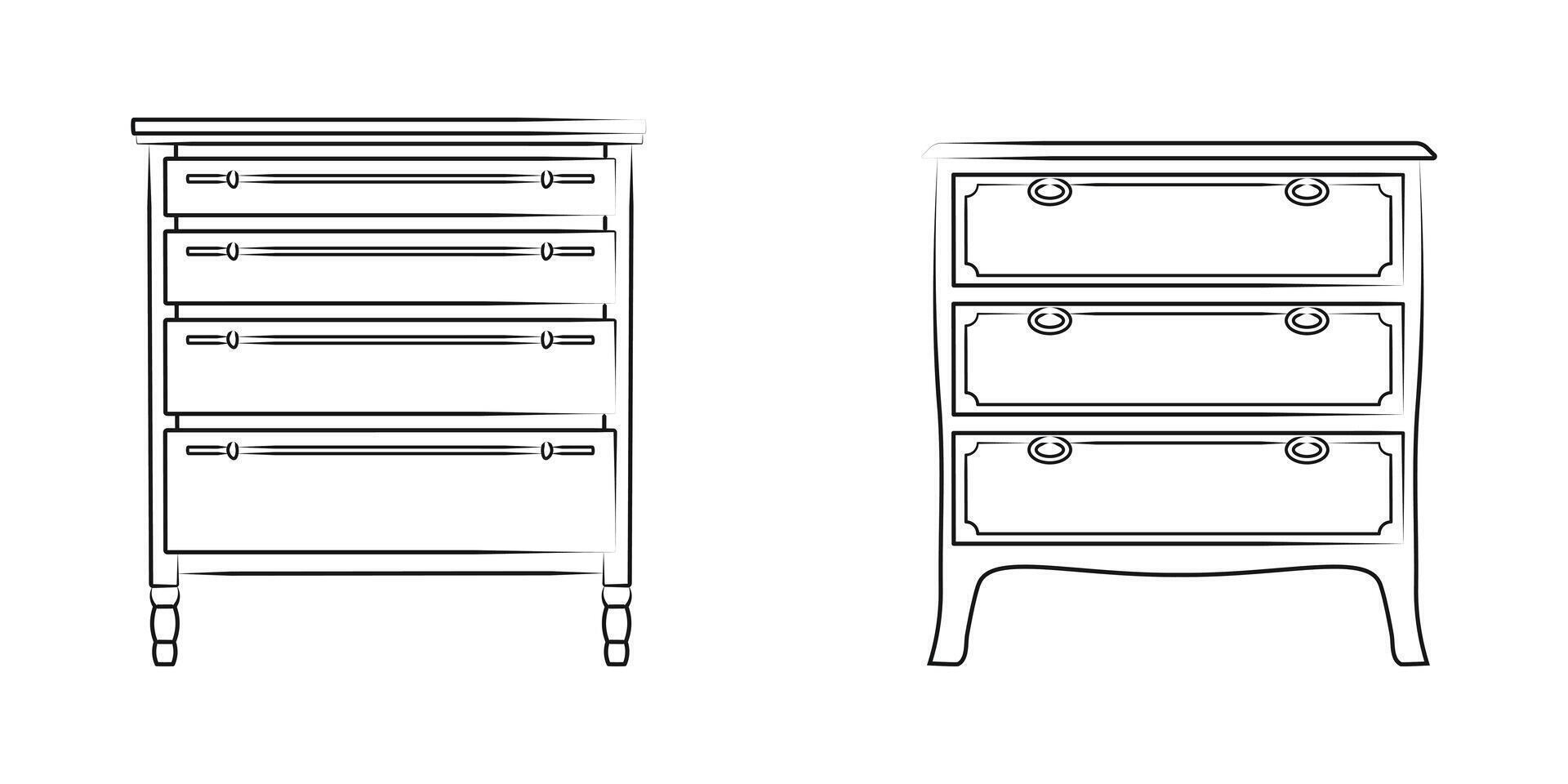 Line sketch set of a chest of drawers, dresser. Design piece of furniture for storage. Isolated vector