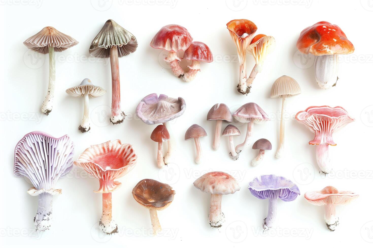 AI generated Assorted Wild Mushrooms on a White Background photo