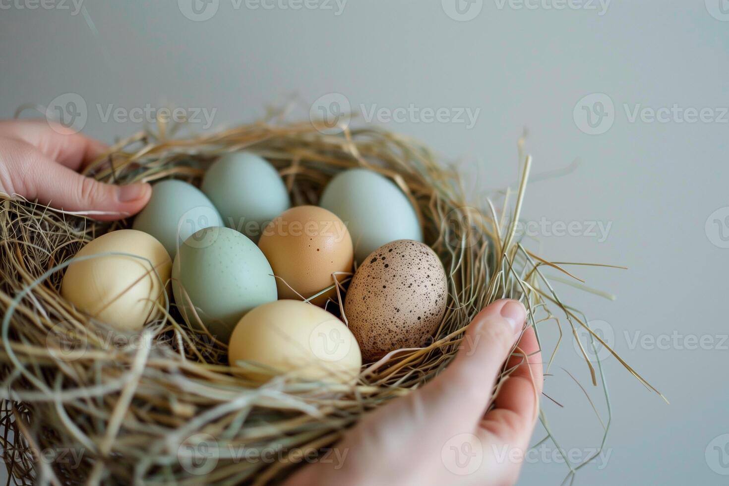 AI generated Close-Up of Hands Holding a Nest With Easter Eggs photo