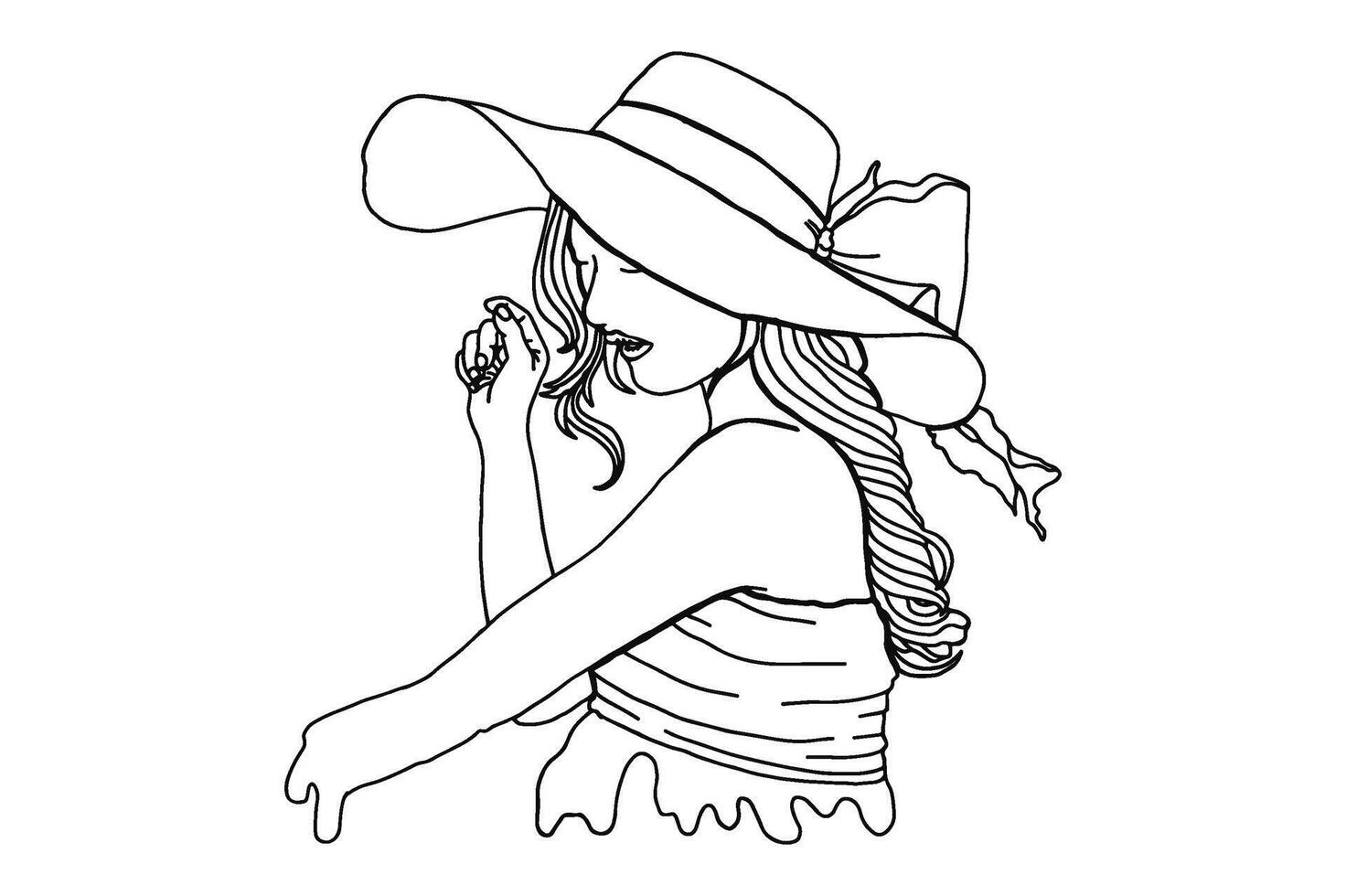 Beautiful Woman Using Beach Hat In Summer Line Art Vector