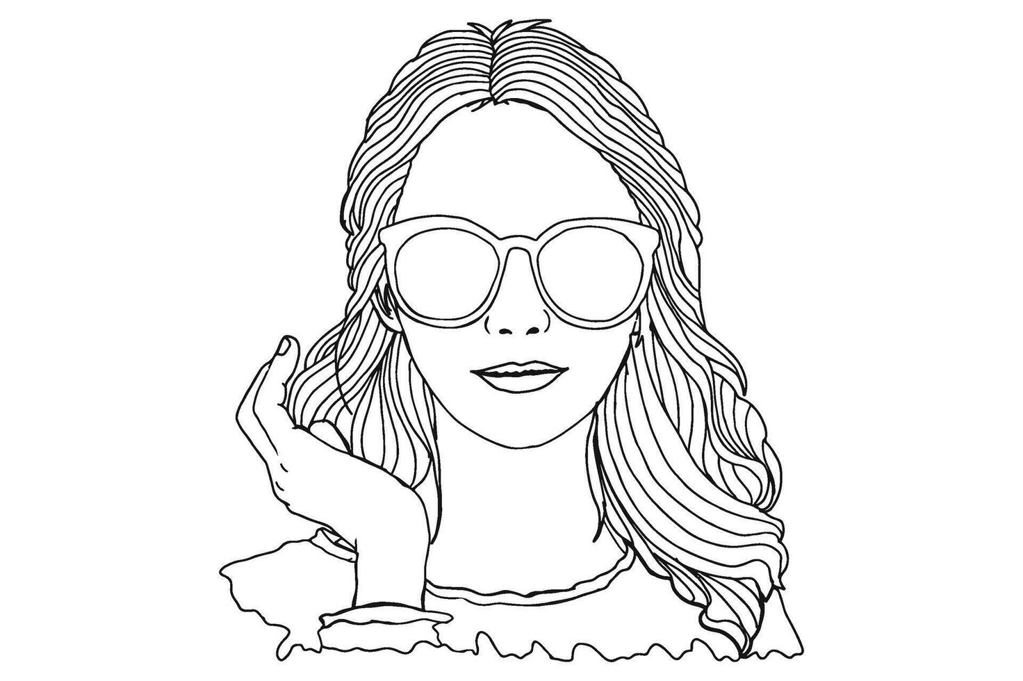 Set Of Summer Theme Woman Wearing Sunglasses Line Art Vector