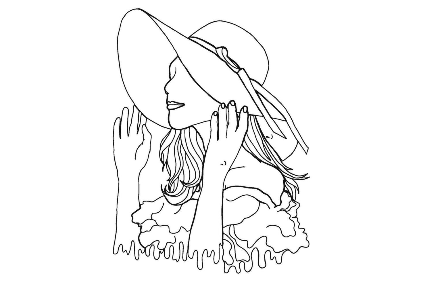 Beautiful Woman Using Beach Hat In Summer Line Art Vector