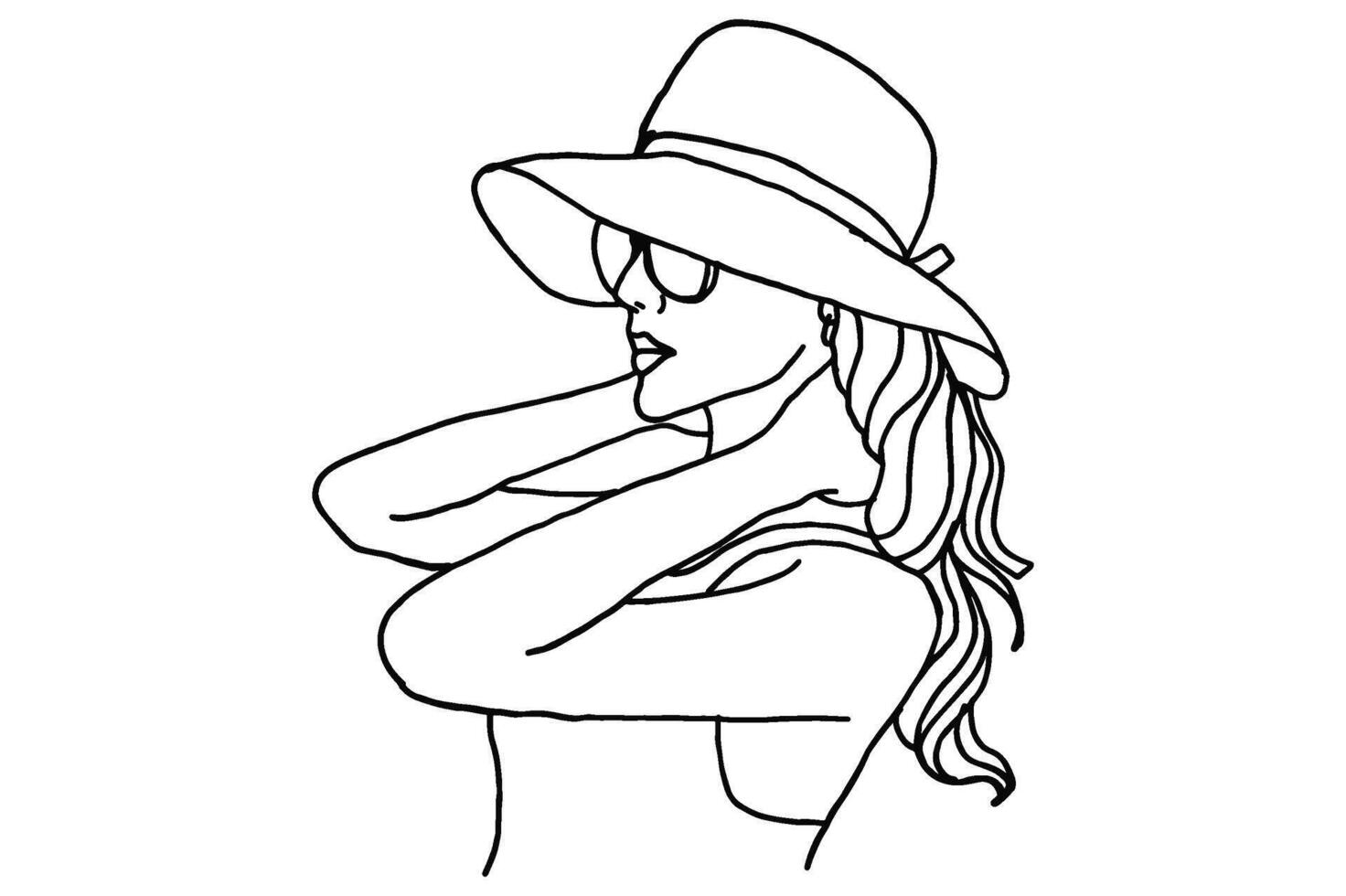 Beautiful Woman Using Beach Hat In Summer Line Art Vector