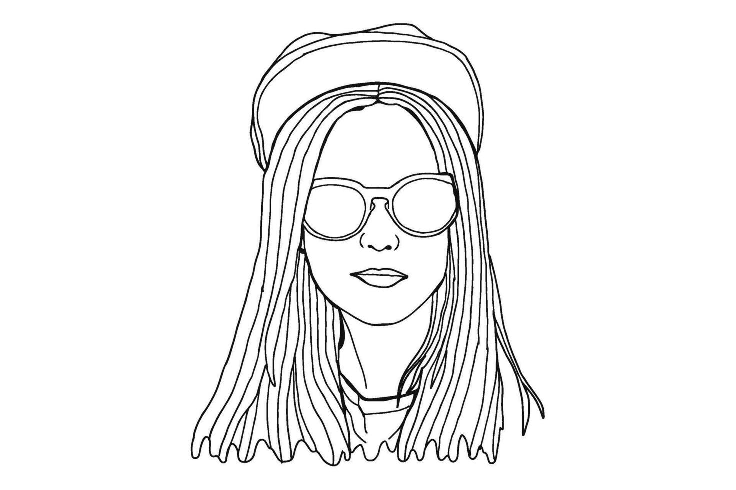 Set Of Summer Theme Woman Wearing Sunglasses Line Art Vector