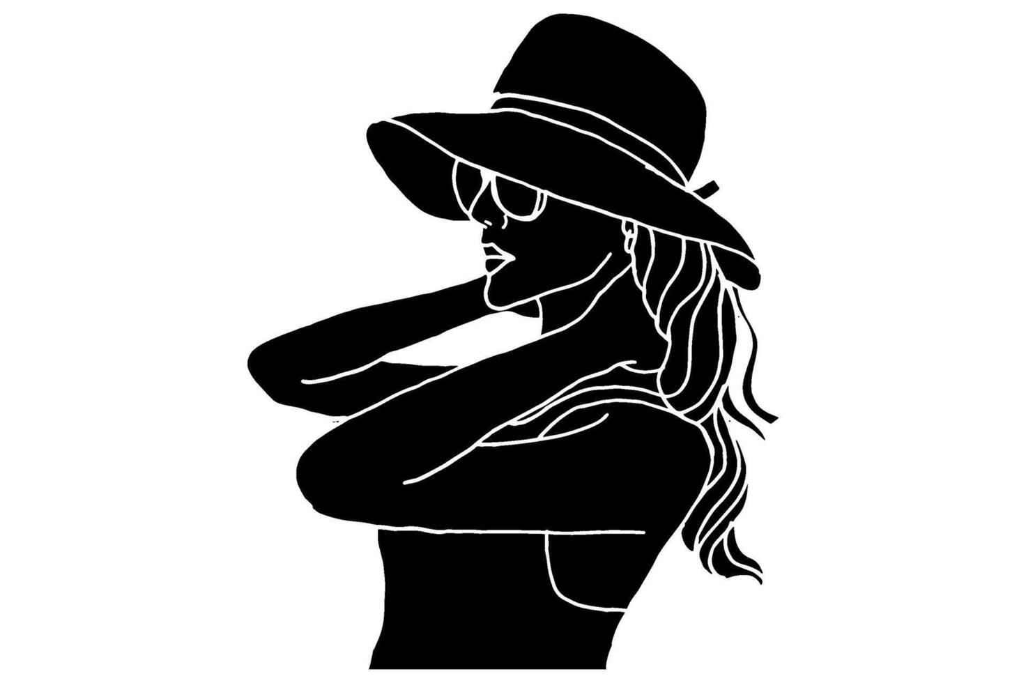 Beautiful Woman Using Beach Hat In Summer Silhouette Vector