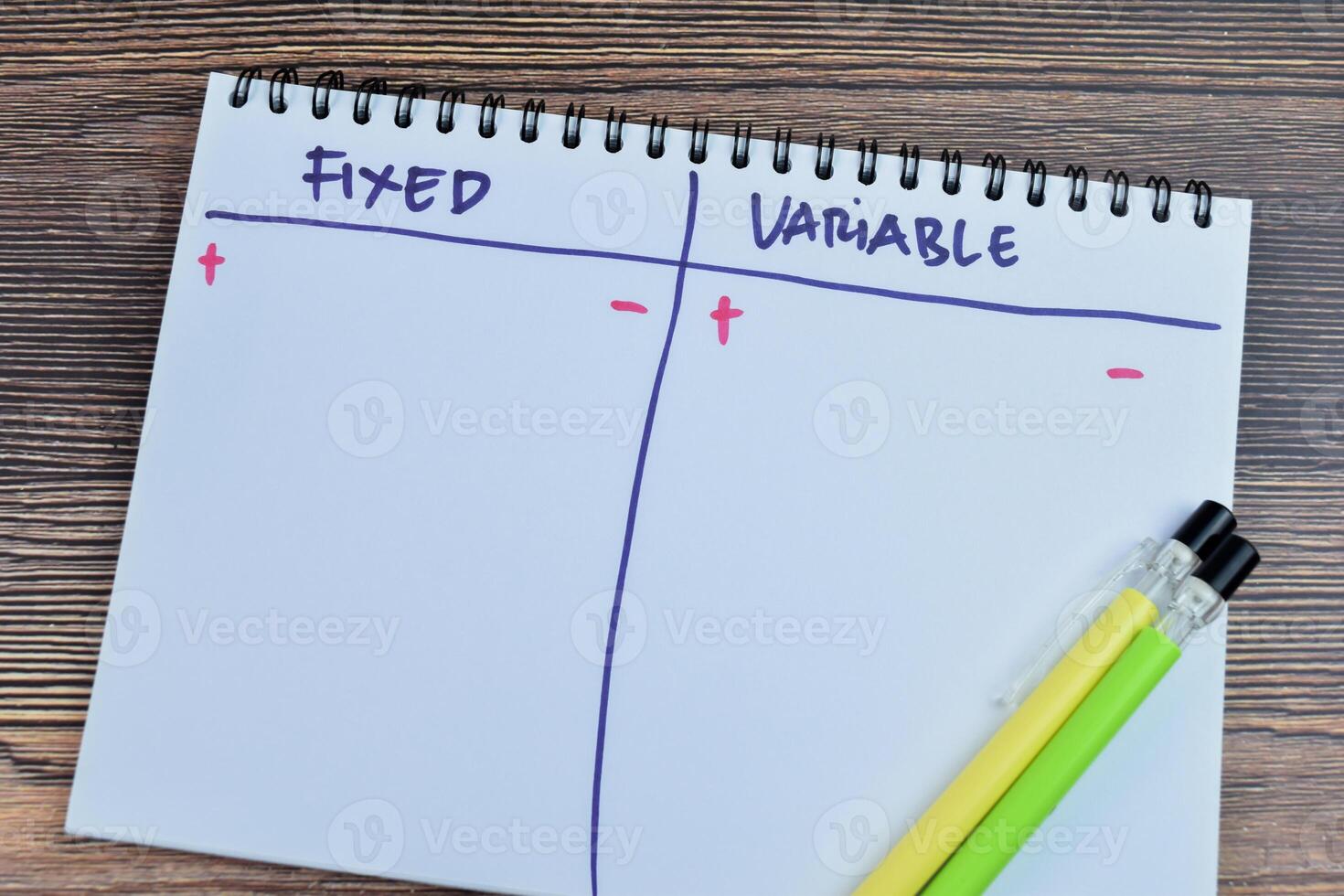 Concept of Fixed and Variable write on book isolated on Wooden Table. photo