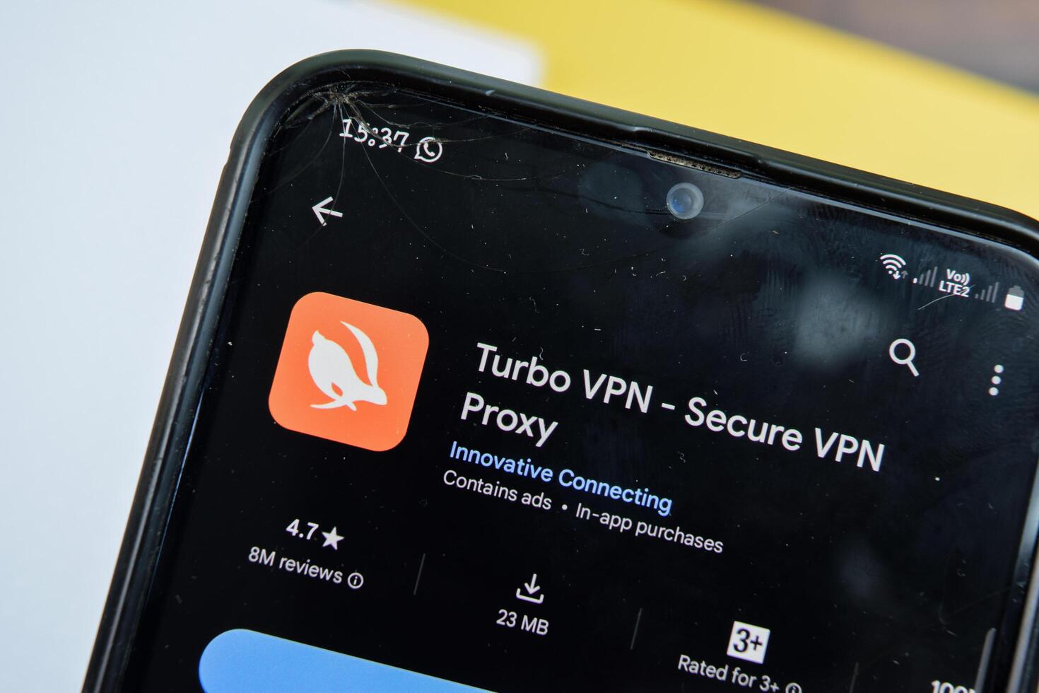 Turbo VPN application on Smartphone screen. Secure VPN Proxy is a freeware web browser developed by Innovative Connecting. Bekasi, Indonesia, March 24, 2024 photo