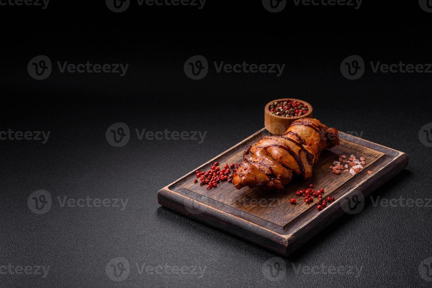 Delicious kebab of chicken or pork meat with salt, spices and herbs photo