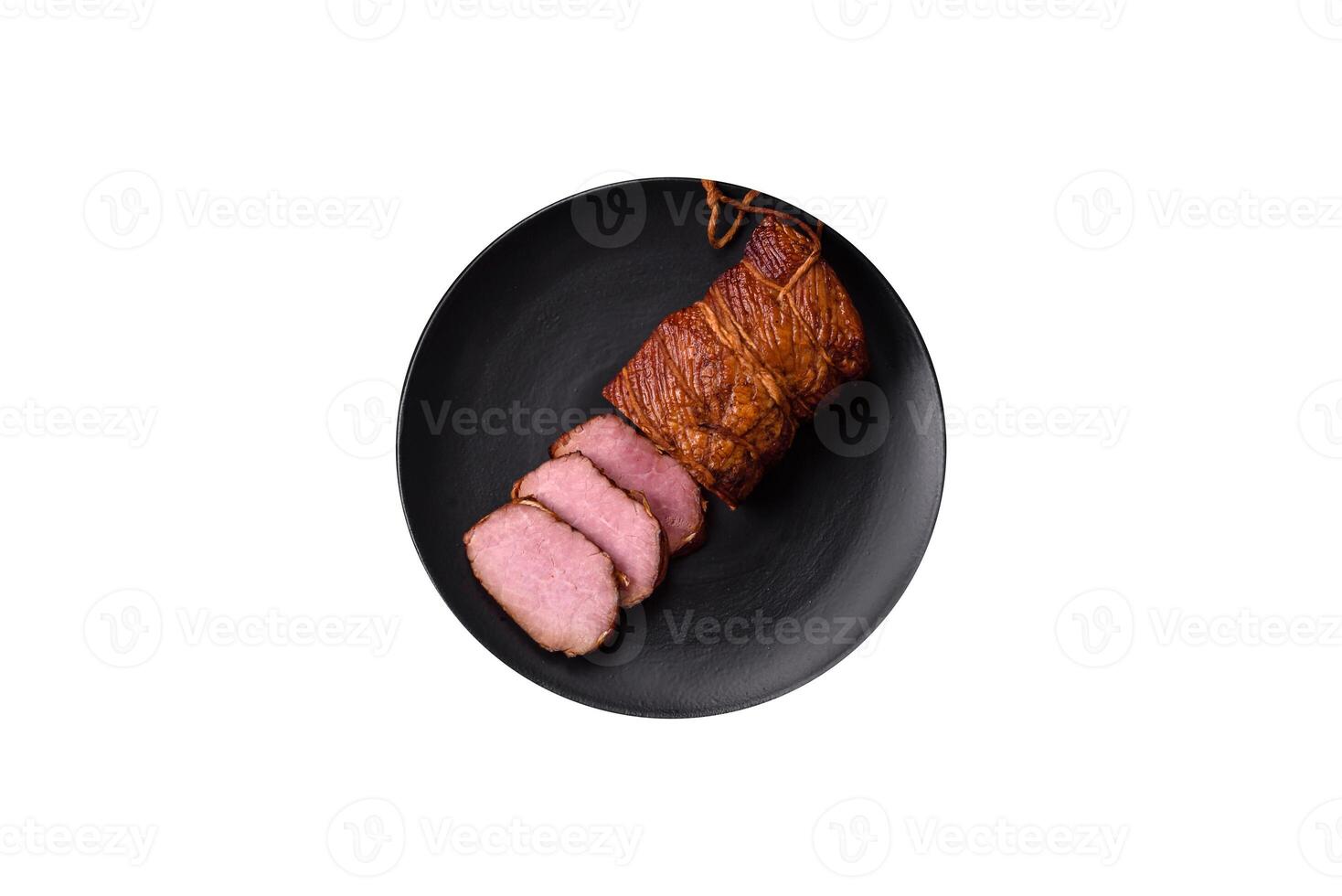 Delicious smoked meat pork or chicken with salt, spices and herbs photo