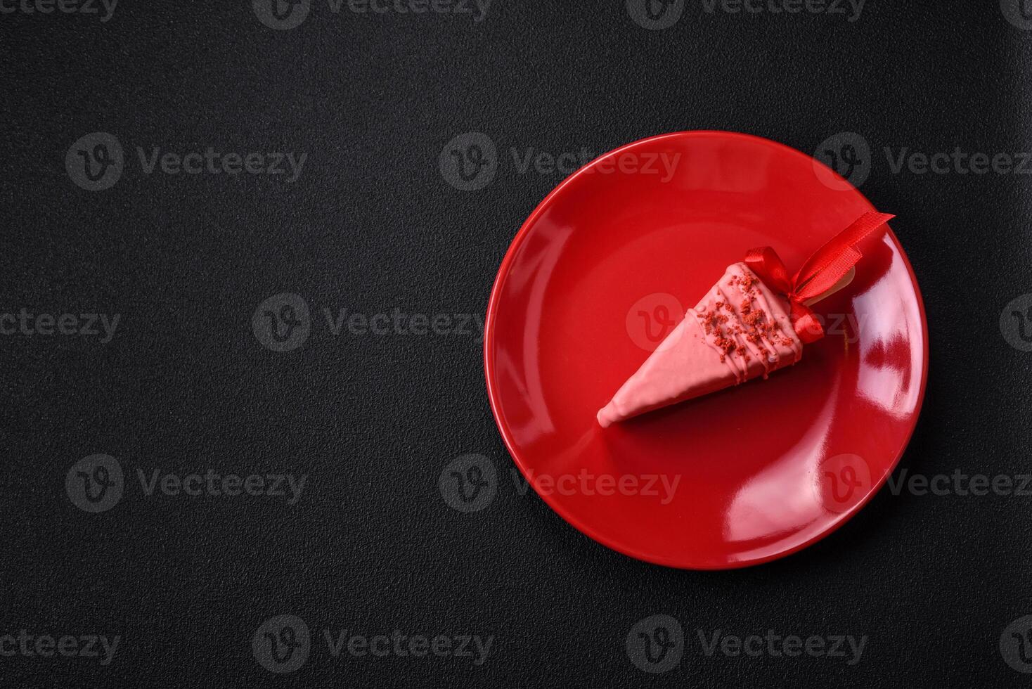 Delicious sweet cheesecake with fruits covered with icing with a wooden stick photo