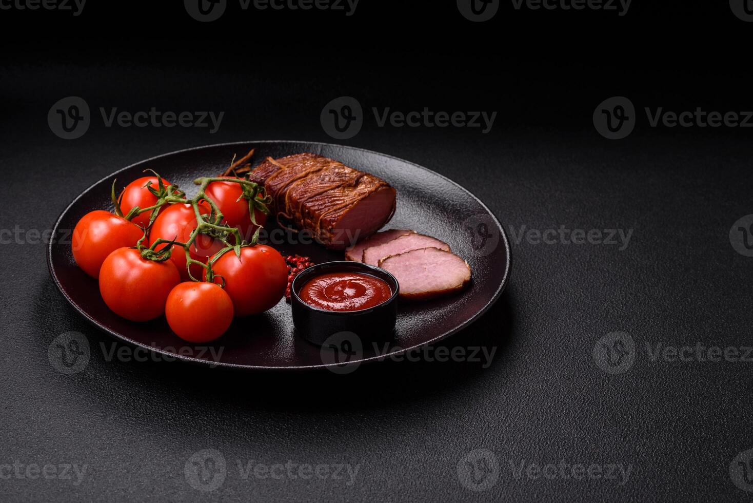 Delicious smoked meat pork or chicken with salt, spices and herbs photo