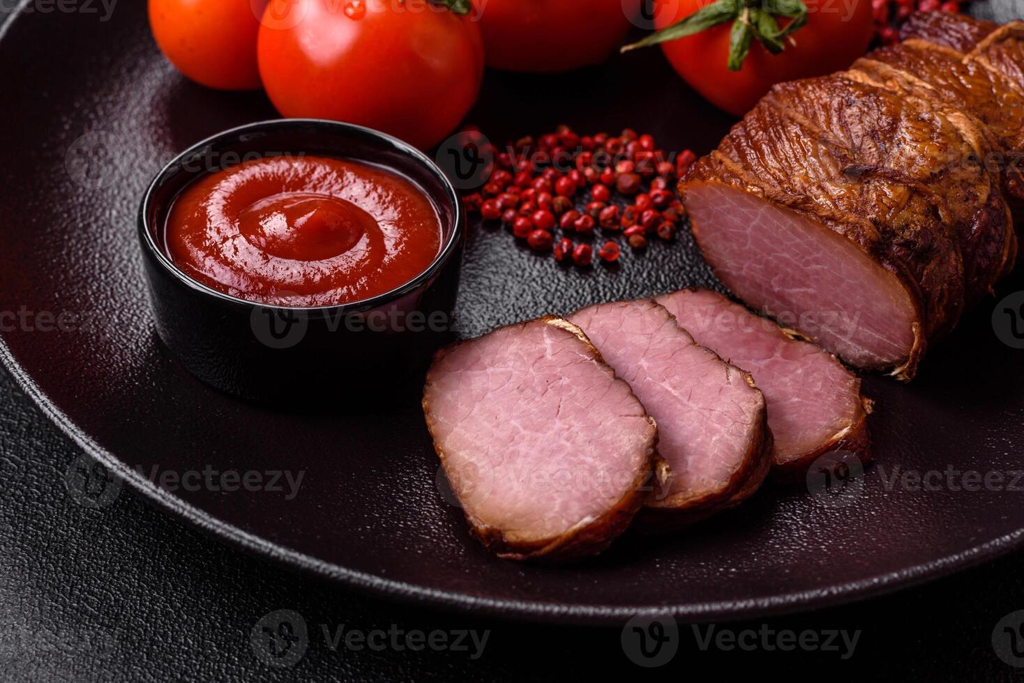Delicious smoked meat pork or chicken with salt, spices and herbs photo
