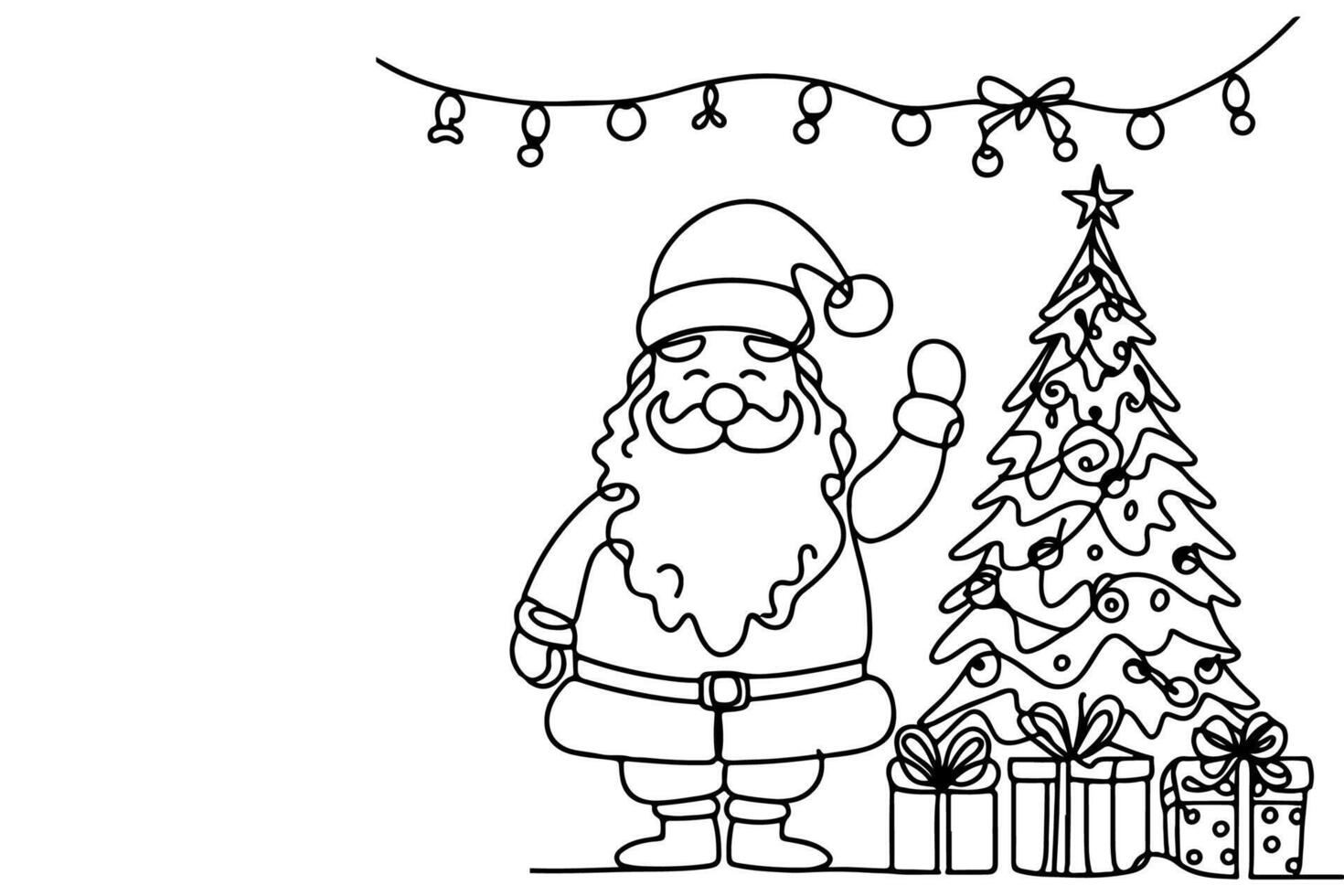 AI generated ne Continuous black line art drawing of Merry Christmas tree. Hand drawn of Santa Claus outline doodle vector illustration