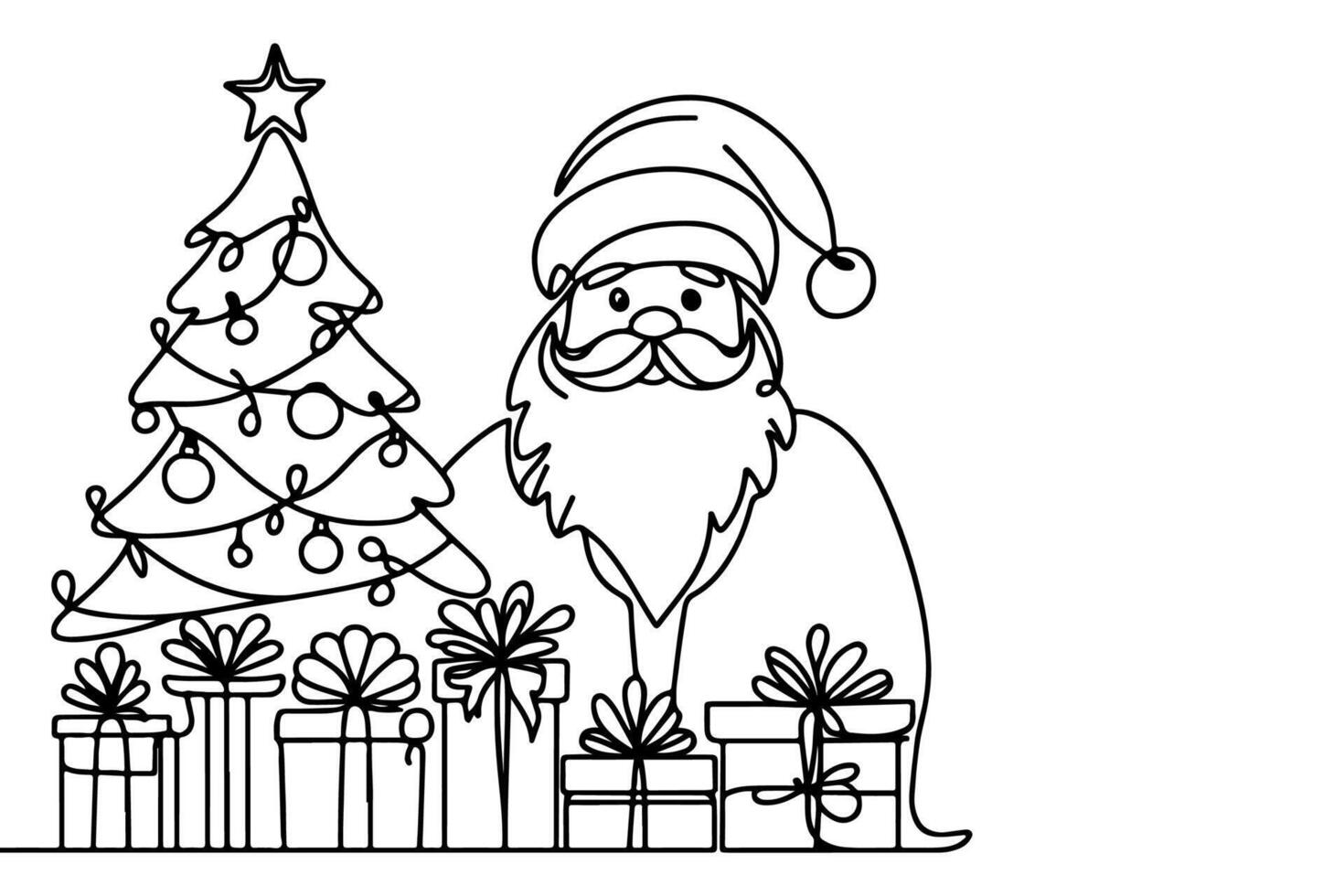 AI generated ne Continuous black line art drawing of Merry Christmas tree. Hand drawn of Santa Claus outline doodle vector illustration