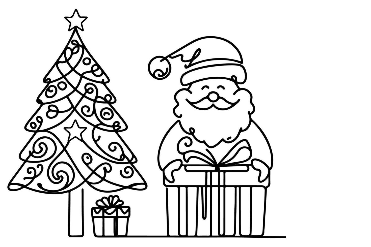 AI generated ne Continuous black line art drawing of Merry Christmas tree. Hand drawn of Santa Claus outline doodle vector illustration