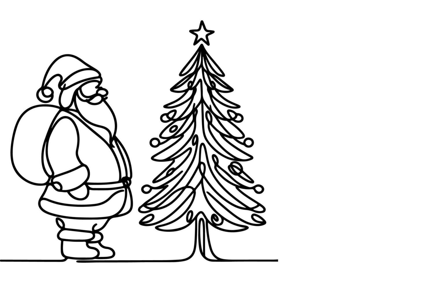 AI generated ne Continuous black line art drawing of Merry Christmas tree. Hand drawn of Santa Claus outline doodle vector illustration