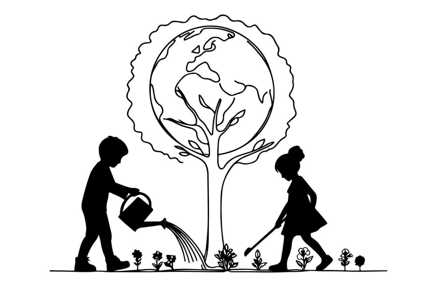 ai generado continuo uno negro línea Arte dibujo niños riego un árbol. plantando árbol a salvar el mundo y tierra día reducir global calentamiento crecimiento concepto vector ilustración en blanco antecedentes