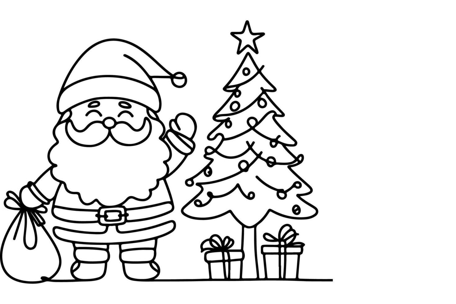 AI generated ne Continuous black line art drawing of Merry Christmas tree. Hand drawn of Santa Claus outline doodle vector illustration