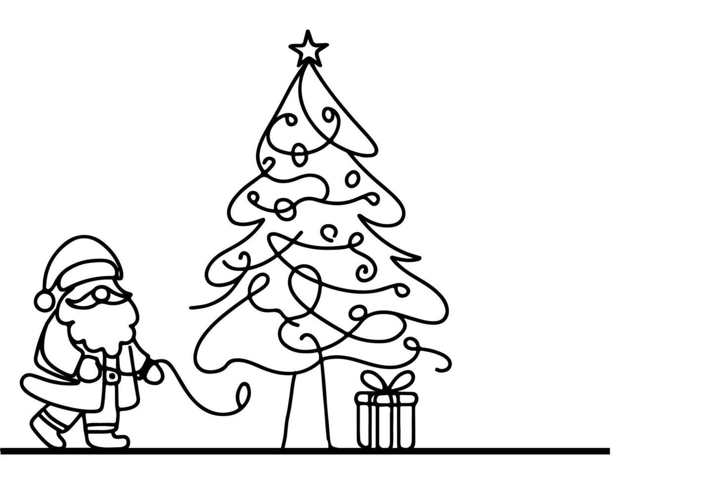 AI generated ne Continuous black line art drawing of Merry Christmas tree. Hand drawn of Santa Claus outline doodle vector illustration