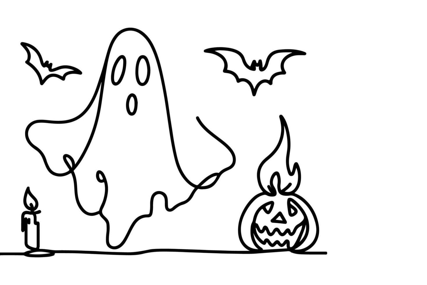 AI generated one Continuous black line drawing of pumpkin and ghost Halloween concept outline doodle vector illustration on white background