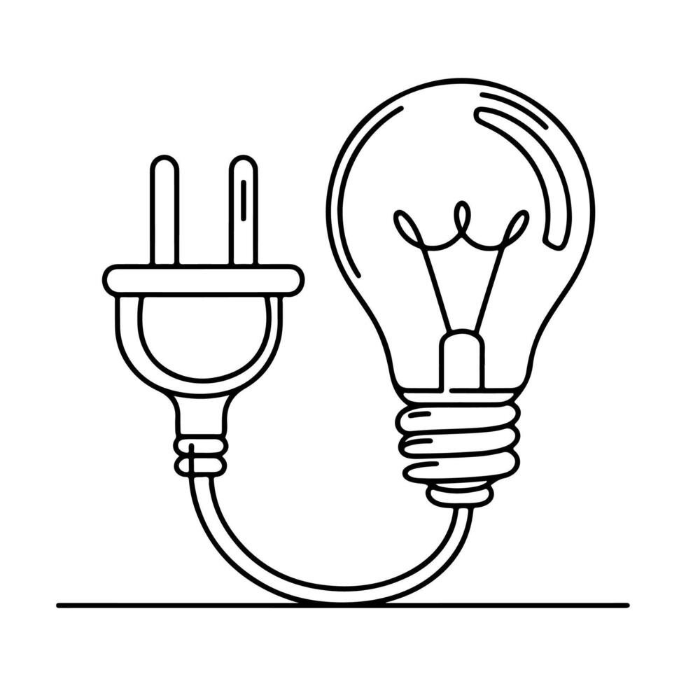 AI generated Continuous one line drawing Electric plug and Electricity light sign icon outline doodle vector illustration on white background