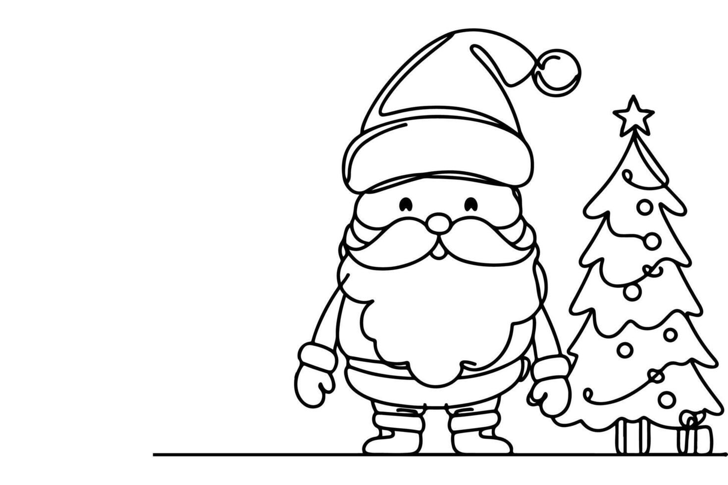 AI generated ne Continuous black line art drawing of Merry Christmas tree. Hand drawn of Santa Claus outline doodle vector illustration