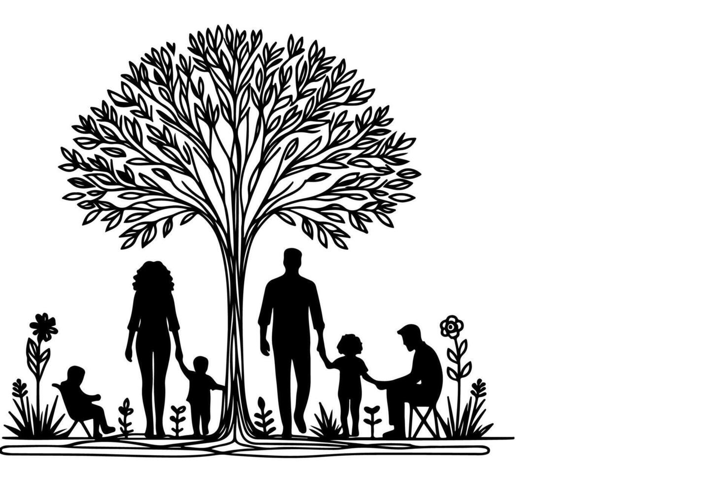 Continuous one black line art drawing Silhouettes of happy family holding the hands with tree vector illustration on white background