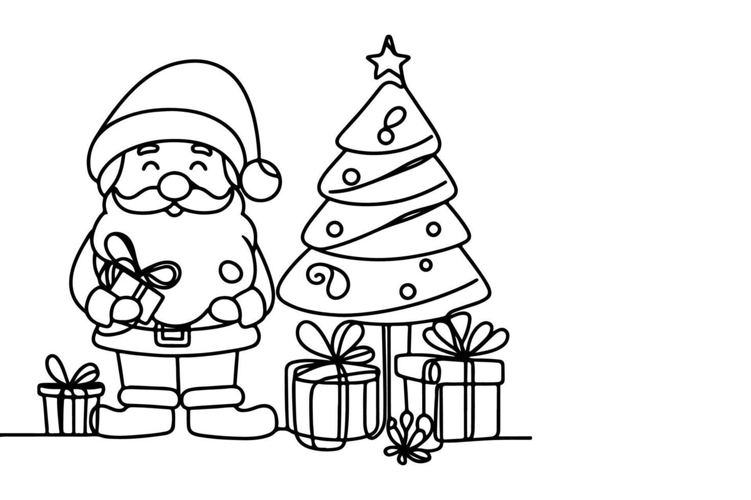AI generated ne Continuous black line art drawing of Merry Christmas tree. Hand drawn of Santa Claus outline doodle vector illustration