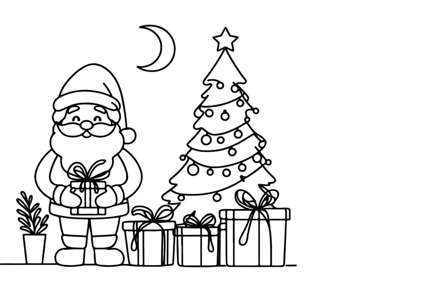 AI generated ne Continuous black line art drawing of Merry Christmas tree. Hand drawn of Santa Claus outline doodle vector illustration