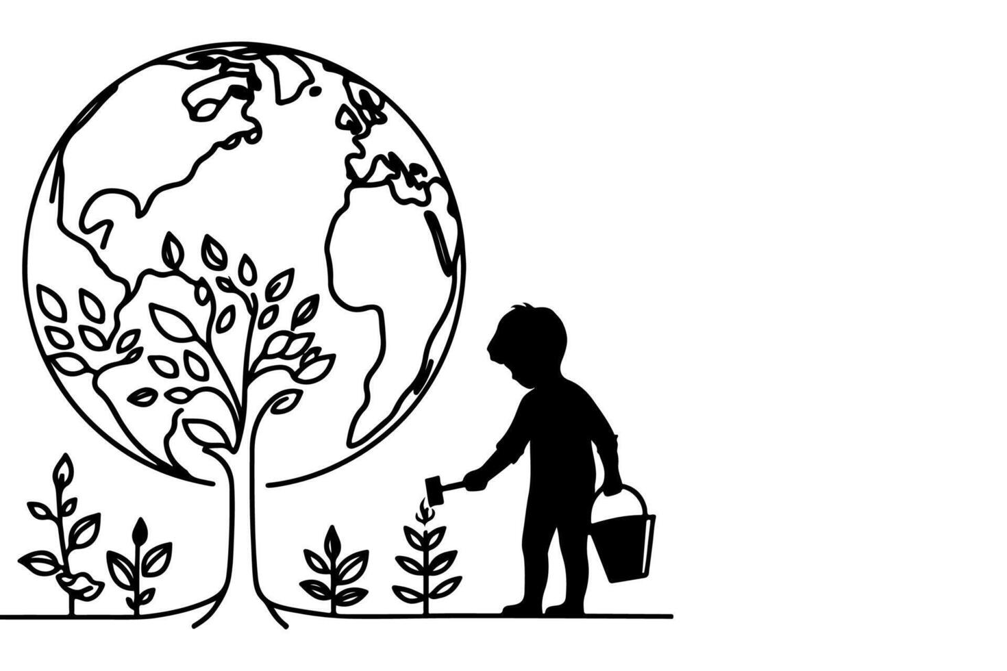 ai generado continuo uno negro línea Arte dibujo niños riego un árbol. plantando árbol a salvar el mundo y tierra día reducir global calentamiento crecimiento concepto vector ilustración en blanco antecedentes