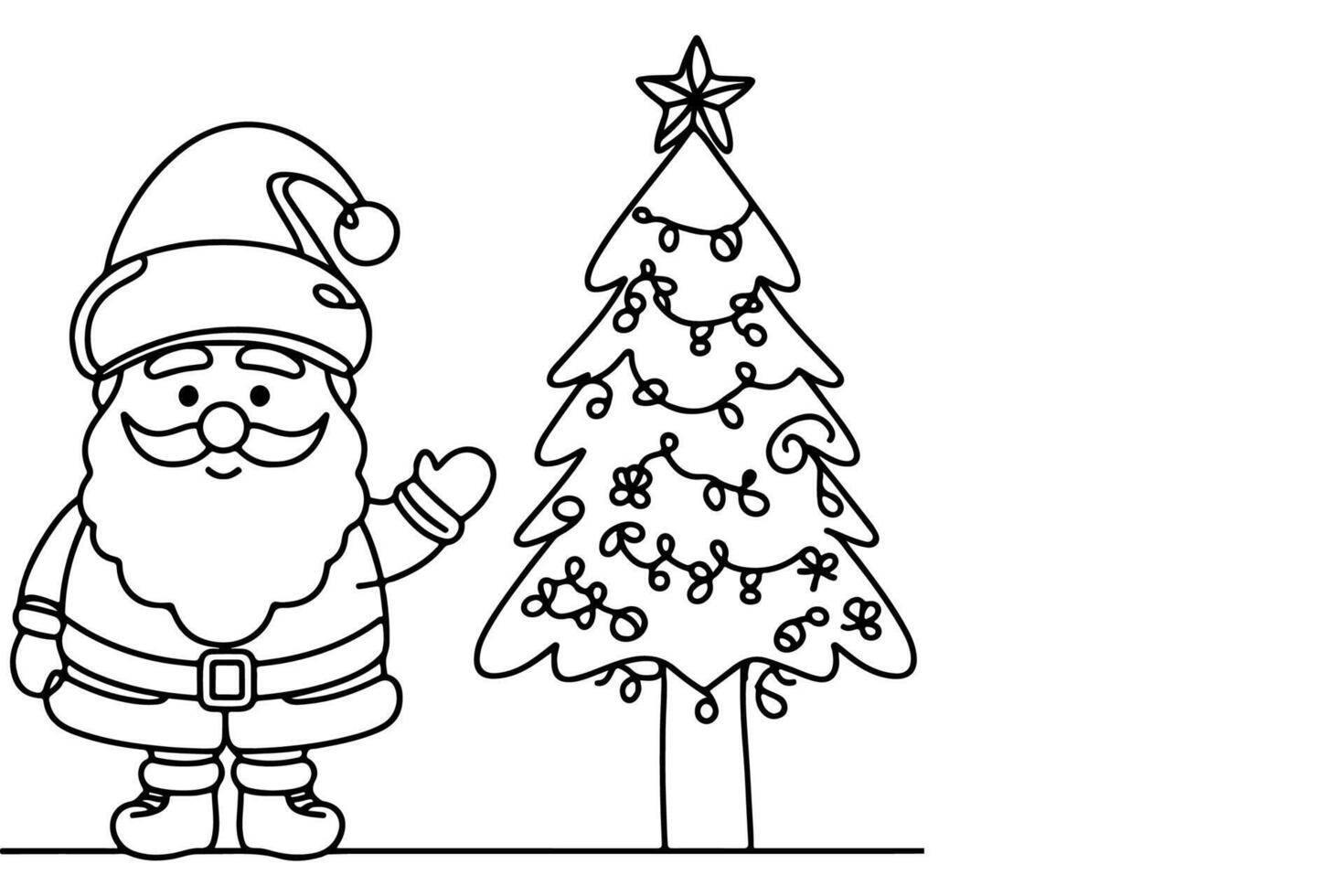 AI generated ne Continuous black line art drawing of Merry Christmas tree. Hand drawn of Santa Claus outline doodle vector illustration