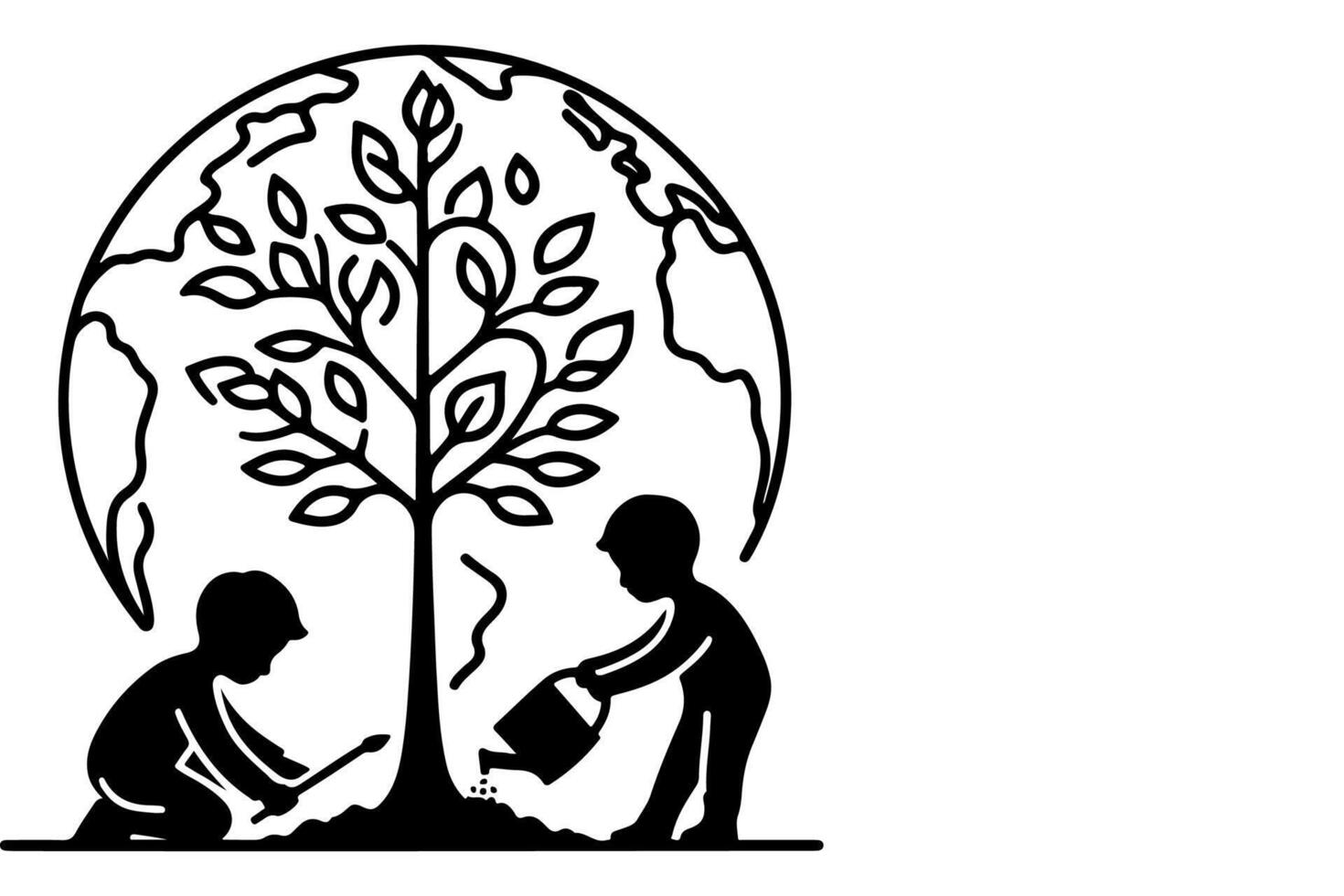 ai generado continuo uno negro línea Arte dibujo niños riego un árbol. plantando árbol a salvar el mundo y tierra día reducir global calentamiento crecimiento concepto vector ilustración en blanco antecedentes