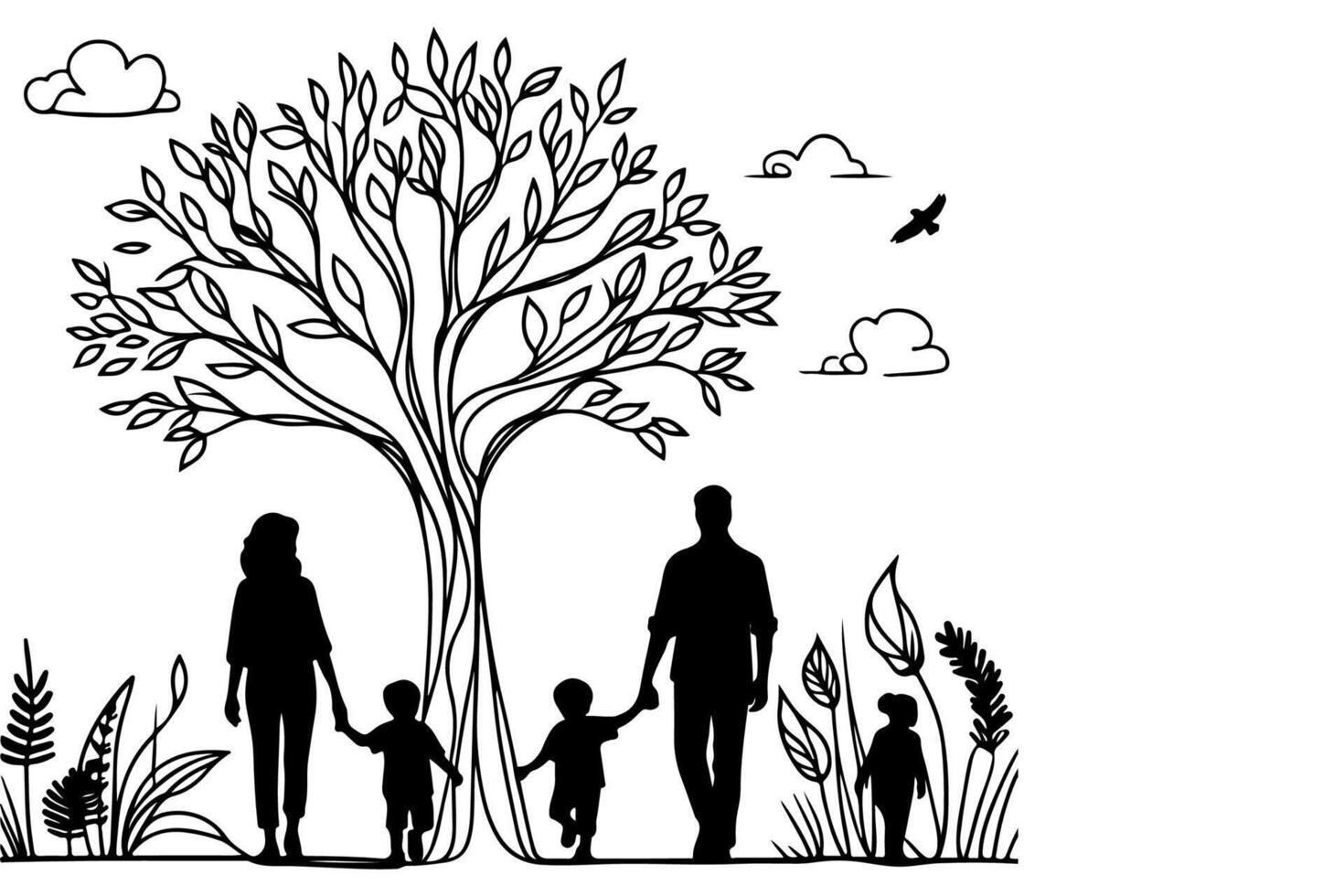 Continuous one black line art drawing Silhouettes of happy family holding the hands with tree vector illustration on white background