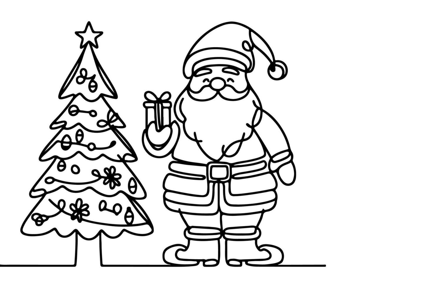 AI generated ne Continuous black line art drawing of Merry Christmas tree. Hand drawn of Santa Claus outline doodle vector illustration