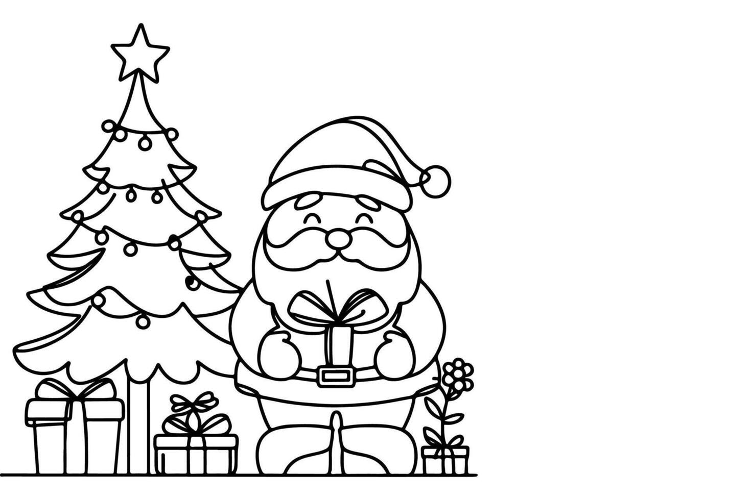 AI generated ne Continuous black line art drawing of Merry Christmas tree. Hand drawn of Santa Claus outline doodle vector illustration