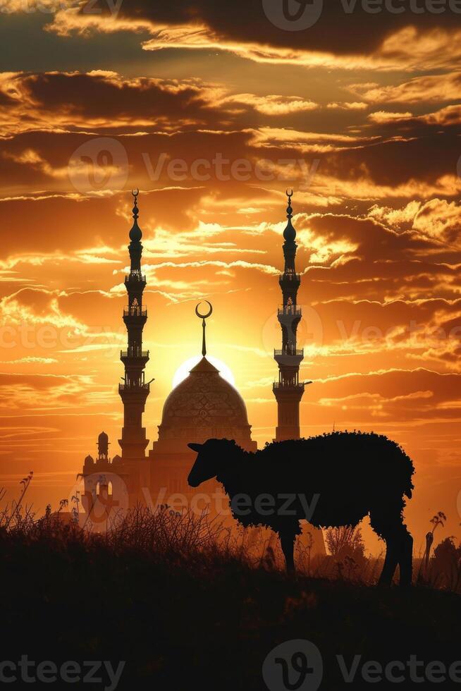 ai generado silueta de un Cordero o cabra con un majestuoso mezquita fondo durante un asombroso puesta de sol. foto