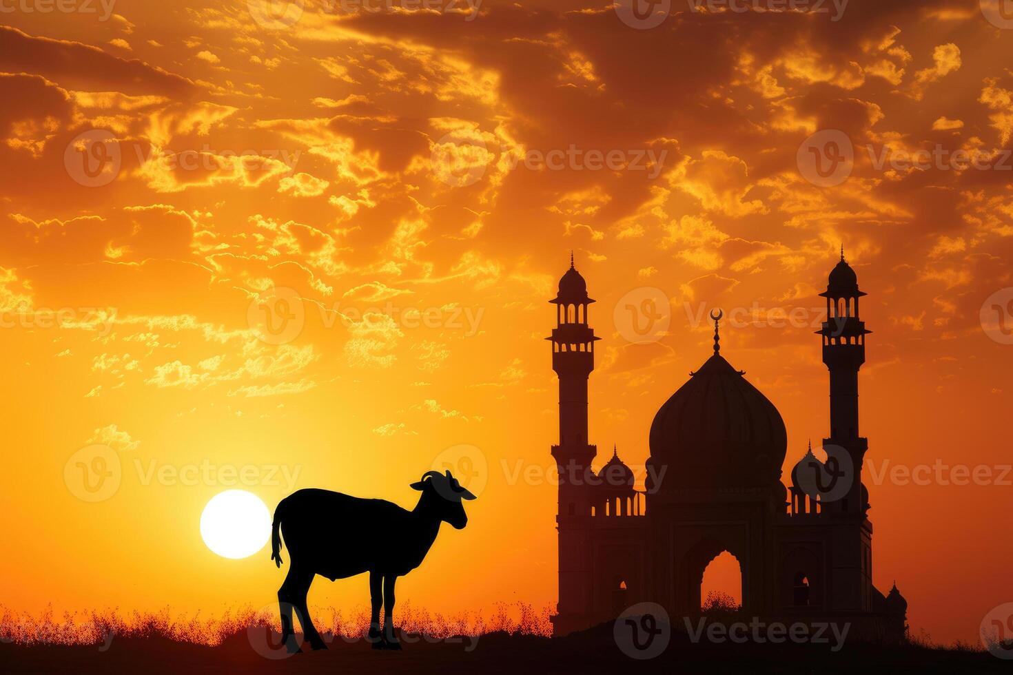 AI generated Silhouette of a lamb or goat With a Majestic Mosque Backdrop During a Breathtaking Sunset. photo